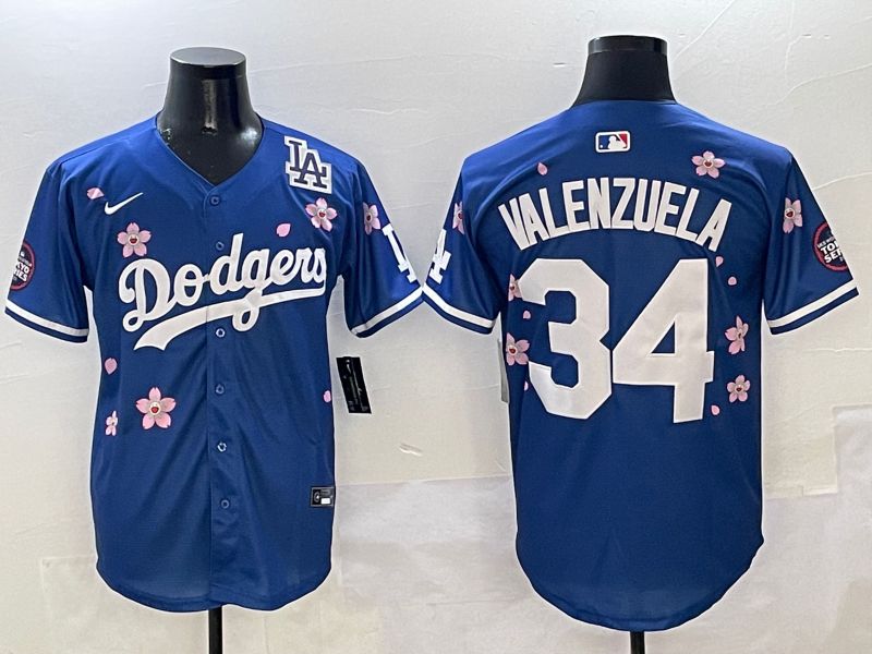 Men Los Angeles Dodgers #34 Valenzuela Blue Sakura Edition 2025 Nike MLB Jersey style 8